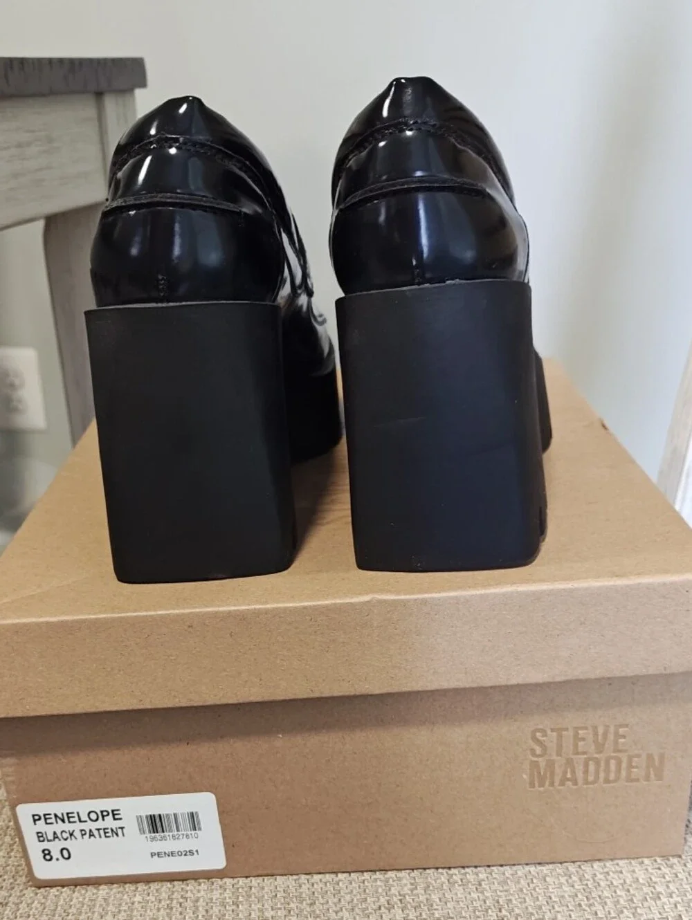 Steve Madden Penelope Black Patent Platform Loafer with Gold Bit